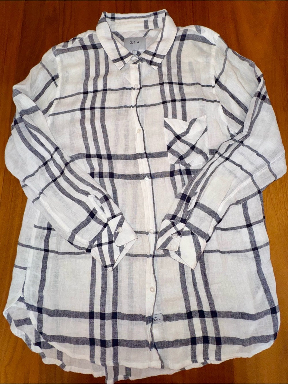 Rails “Charli” White and Navy Plaid Button Up Linen Blend Shirt, Size Small